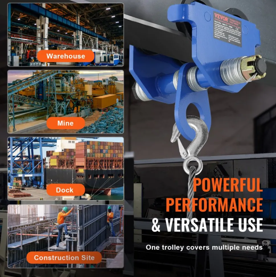 VEVOR Manual Trolley, 4400 lbs/2 Ton Load Capacity, Push Beam Trolley with Dual Wheels, Adjustable for I-Beam Flange Width 2.5" to 7", Heavy Duty Alloy Steel Garage Hoist for Straight Curved I Beam