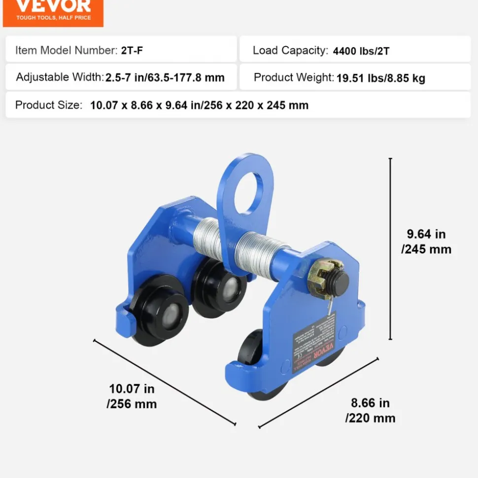 VEVOR Manual Trolley, 4400 lbs/2 Ton Load Capacity, Push Beam Trolley with Dual Wheels, Adjustable for I-Beam Flange Width 2.5" to 7", Heavy Duty Alloy Steel Garage Hoist for Straight Curved I Beam