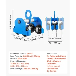 VEVOR Manual Trolley, 6600 lbs/3 Ton Load Capacity, Push Beam Trolley with Dual Wheels, Adjustable for I-Beam Flange Width 2.5