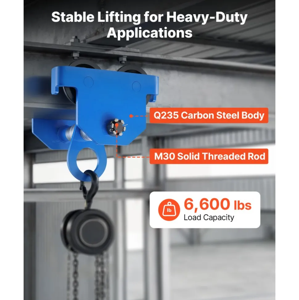 VEVOR Manual Trolley, 6600 lbs/3 Ton Load Capacity, Push Beam Trolley with Dual Wheels, Adjustable for I-Beam Flange Width 2.5" to 8", Heavy Duty Carbon Steel Garage Hoist for Straight & Curved I Beam