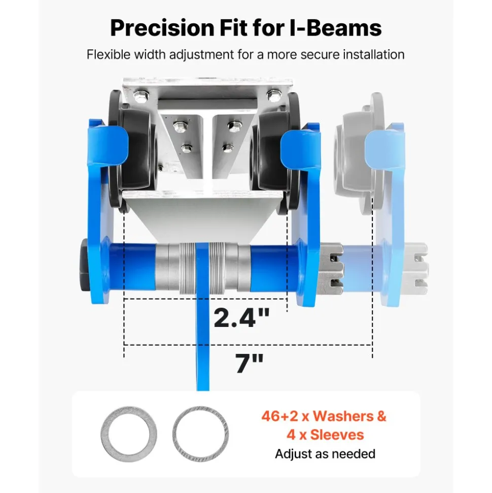 VEVOR Manual Trolley, 4400 lbs/2 Ton Load Capacity, Push Beam Trolley with Dual Wheels, Adjustable for I-Beam Flange Width 2.4" to 7", Heavy Duty Carbon Steel Garage Hoist for Straight & Curved I Beam