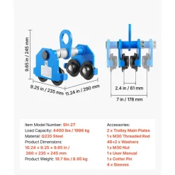 VEVOR Manual Trolley, 4400 lbs/2 Ton Load Capacity, Push Beam Trolley with Dual Wheels, Adjustable for I-Beam Flange Width 2.4