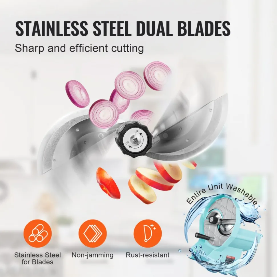 VEVOR Manual Vegetable Fruit Slicer, 0-0.5"/0-12mm Thickness Adjustable Commercial Slicer Machine, Double Feed Ports, Stainless Steel Blade Food Cutter Slicing Machine for Cucumber, Lemon, Tomato