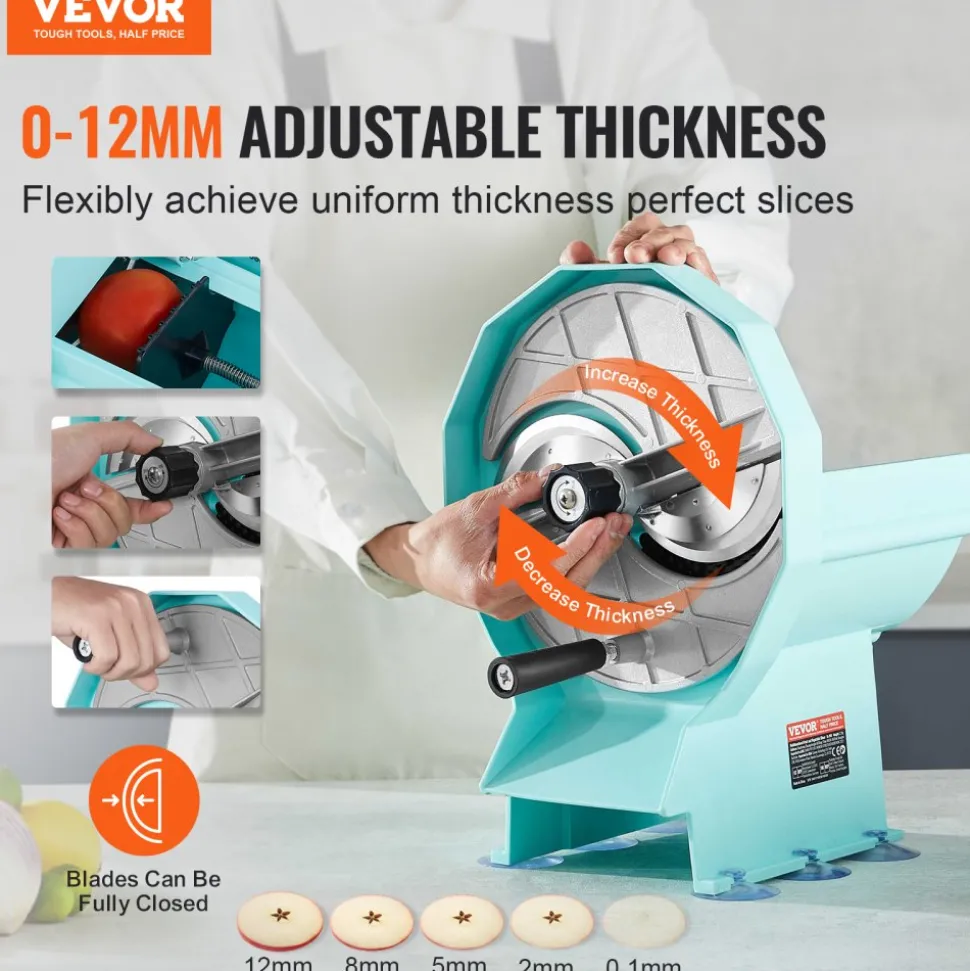 VEVOR Manual Vegetable Fruit Slicer, 0-0.5"/0-12mm Thickness Adjustable Commercial Slicer Machine, Double Feed Ports, Stainless Steel Blade Food Cutter Slicing Machine for Cucumber, Lemon, Tomato