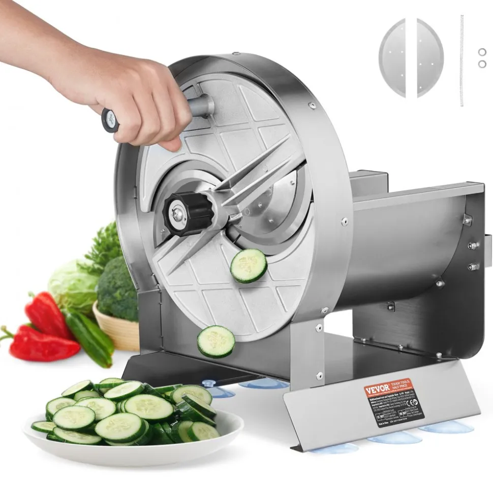 VEVOR Manual Vegetable Fruit Slicer, 0-0.5"/0-12mm Thickness Adjustable Commercial Slicer Machine, Stainless Steel Food Cutter Slicing Machine with 2 Spare Blades, for Potato, Cucumber, Lemon, Tomato