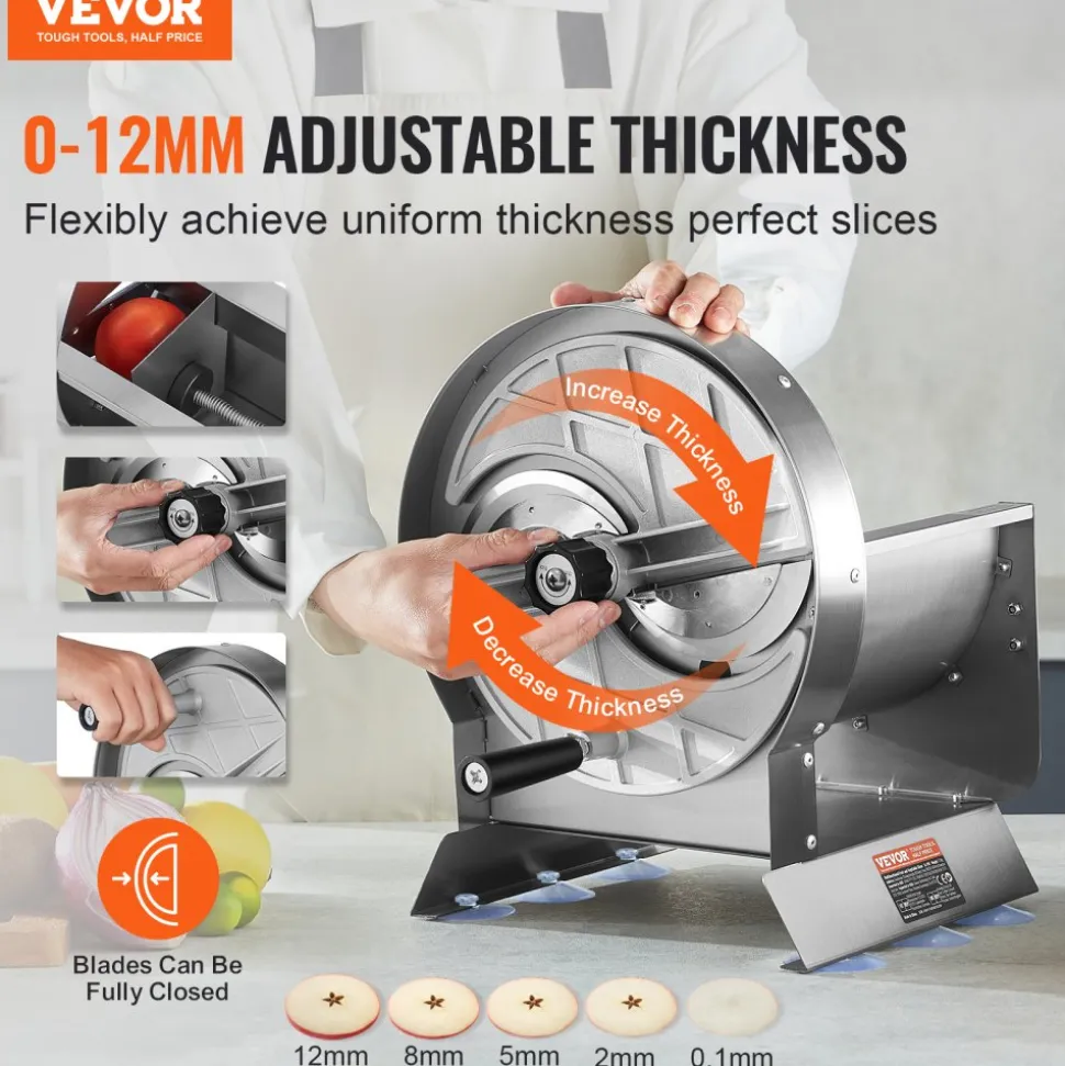 VEVOR Manual Vegetable Fruit Slicer, 0-0.5"/0-12mm Thickness Adjustable Commercial Slicer Machine, Stainless Steel Food Cutter Slicing Machine with 2 Spare Blades, for Potato, Cucumber, Lemon, Tomato