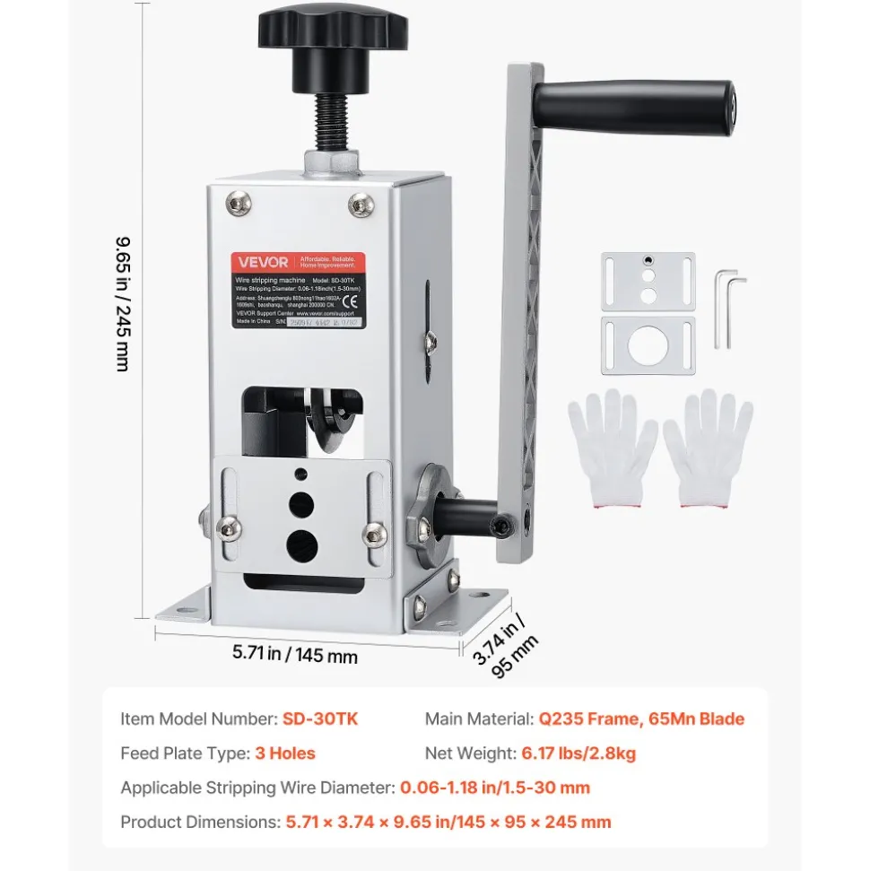 VEVOR Manual Wire Stripper Machine, 0.06-1.18 in, Copper Cable Stripper Tool, Hand Crank or Drill Powered Modes, Heavy-Duty Q235 Frame Wire Stripping Machine, Easy to Use, for Scrap Copper Recycling