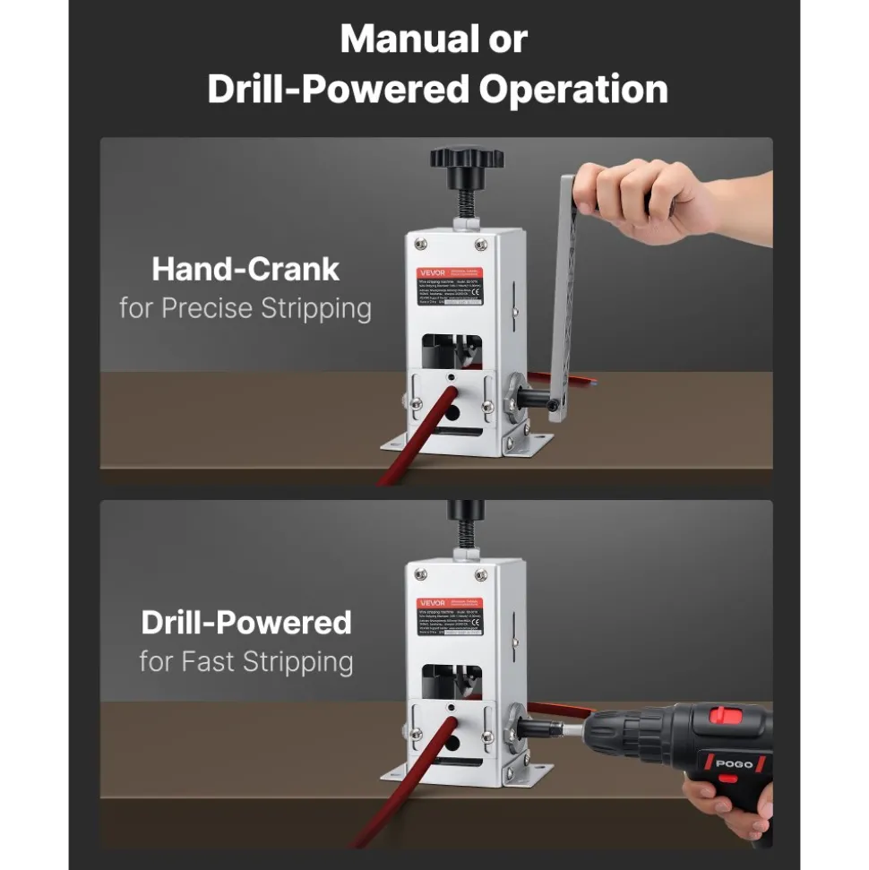 VEVOR Manual Wire Stripper Machine, 0.06-1.18 in, Copper Cable Stripper Tool, Hand Crank or Drill Powered Modes, Heavy-Duty Q235 Frame Wire Stripping Machine, Easy to Use, for Scrap Copper Recycling