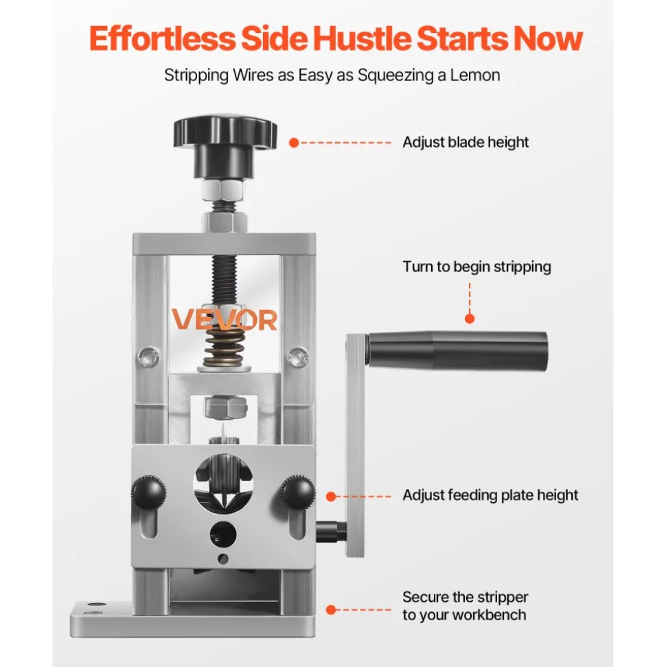 VEVOR Manual Wire Stripping Machine, 0.06-1 in, Copper Stripper with Hand Crank or Drill Powered, 64Mn Quenched Blades, 45# Steel Rollers, Aluminum Alloy Frame Wire Peeler, for Scrap Copper Recycling