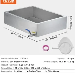 VEVOR Maple Syrup Evaporator Pan, 11.2 Gallon, 162 Cups of 8.8oz Maple Syrup, Flat Evaporator Pan with 1 Valve and 3 Heating Methods, 304 Stainless Steel Maple Syrup Pan for Home, Outdoor