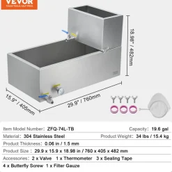 VEVOR Maple Syrup Evaporator Pan, 47 Gallon, 683 Cups of 8.8oz Maple Syrup, Flat Evaporator Pan with Thermometer, 1 Valve and 3 Heating Methods, 304 Stainless Steel Maple Syrup Pan for Home, Outdoor