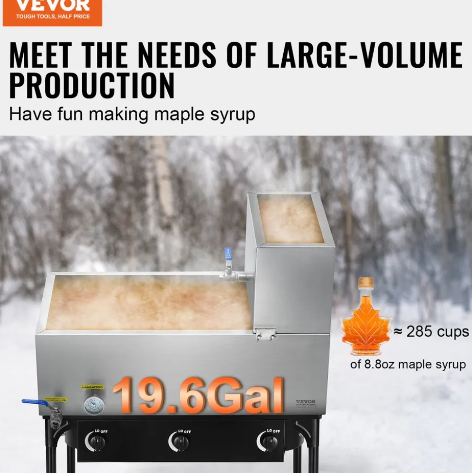 VEVOR Maple Syrup Evaporator Pan, 47 Gallon, 683 Cups of 8.8oz Maple Syrup, Flat Evaporator Pan with Thermometer, 1 Valve and 3 Heating Methods, 304 Stainless Steel Maple Syrup Pan for Home, Outdoor