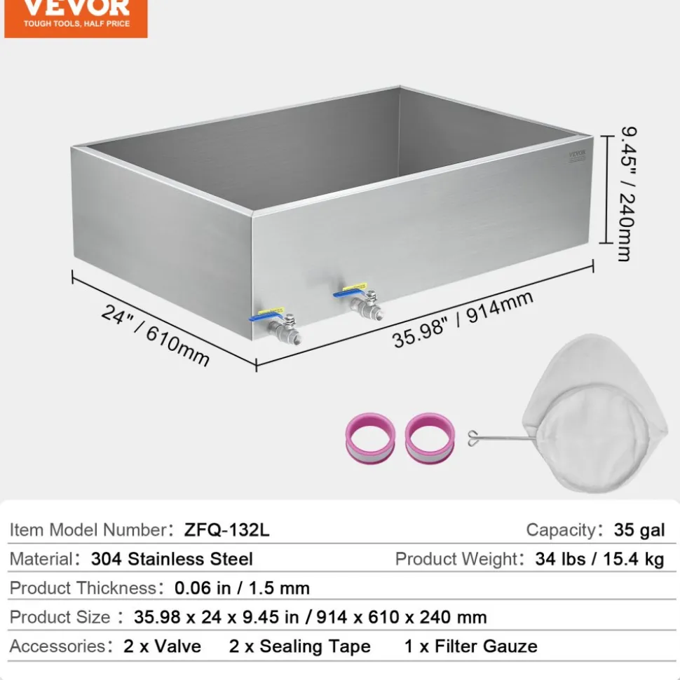 VEVOR Maple Syrup Evaporator Pan, 47 Gallon, 683 Cups of 8.8oz Maple Syrup, Flat Evaporator Pan with Thermometer, 2 Valves and 3 Heating Methods, 304 Stainless Steel Maple Syrup Pan for Home, Outdoor