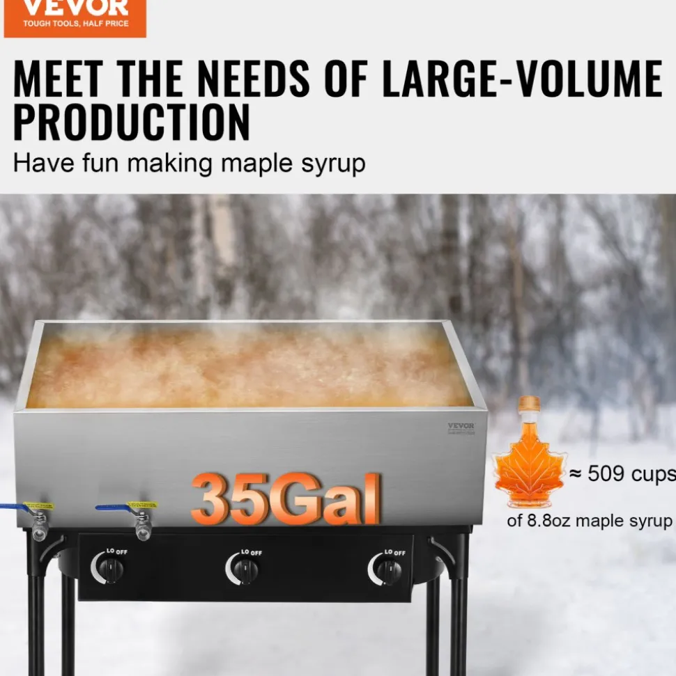 VEVOR Maple Syrup Evaporator Pan, 47 Gallon, 683 Cups of 8.8oz Maple Syrup, Flat Evaporator Pan with Thermometer, 2 Valves and 3 Heating Methods, 304 Stainless Steel Maple Syrup Pan for Home, Outdoor