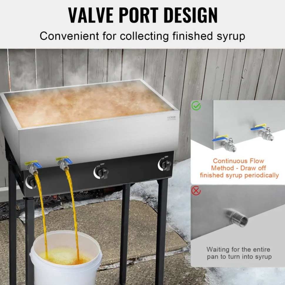 VEVOR Maple Syrup Evaporator Pan, 47 Gallon, 683 Cups of 8.8oz Maple Syrup, Flat Evaporator Pan with Thermometer, 2 Valves and 3 Heating Methods, 304 Stainless Steel Maple Syrup Pan for Home, Outdoor