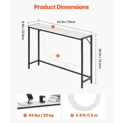 VEVOR Marble Console Table, Modern Narrow Long Console Table with Power Outlet, Thin Sofa Side Table with Iron Tubes, Anti-Tip Device and Triangular Support for Living Room, Hallway, Entryway, Foyer