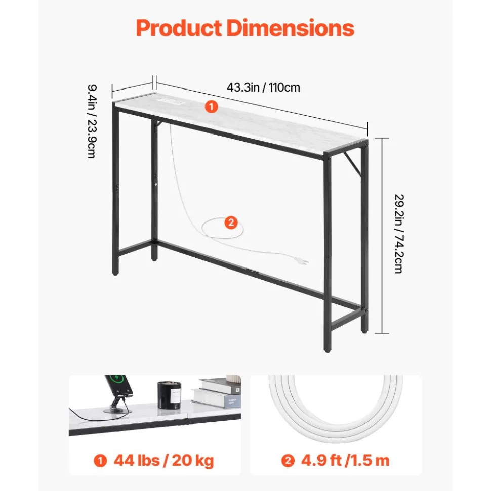 VEVOR Marble Console Table, Modern Narrow Long Console Table with Power Outlet, Thin Sofa Side Table with Iron Tubes, Anti-Tip Device and Triangular Support for Living Room, Hallway, Entryway, Foyer