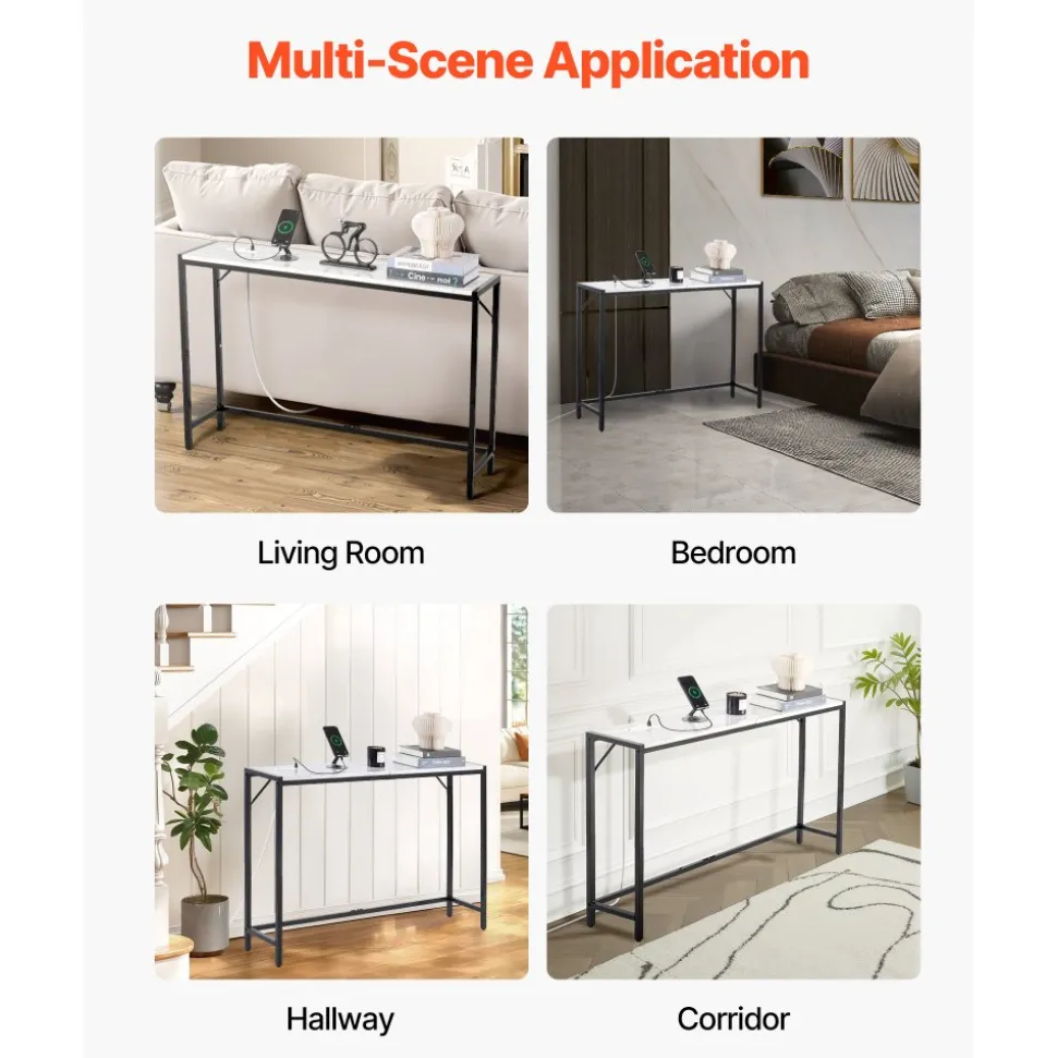VEVOR Marble Console Table, Modern Narrow Long Console Table with Power Outlet, Thin Sofa Side Table with Iron Tubes, Anti-Tip Device and Triangular Support for Living Room, Hallway, Entryway, Foyer