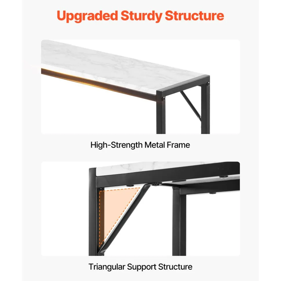 VEVOR Marble Console Table, Modern Narrow Long Console Table with Power Outlet, Thin Sofa Side Table with Iron Tubes, Anti-Tip Device and Triangular Support for Living Room, Hallway, Entryway, Foyer