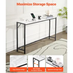 VEVOR Marble Console Table, Modern Narrow Long Console Table with Power Outlet, Thin Sofa Side Table with Iron Tubes, Anti-Tip Device and Triangular Support for Living Room, Hallway, Entryway, Foyer