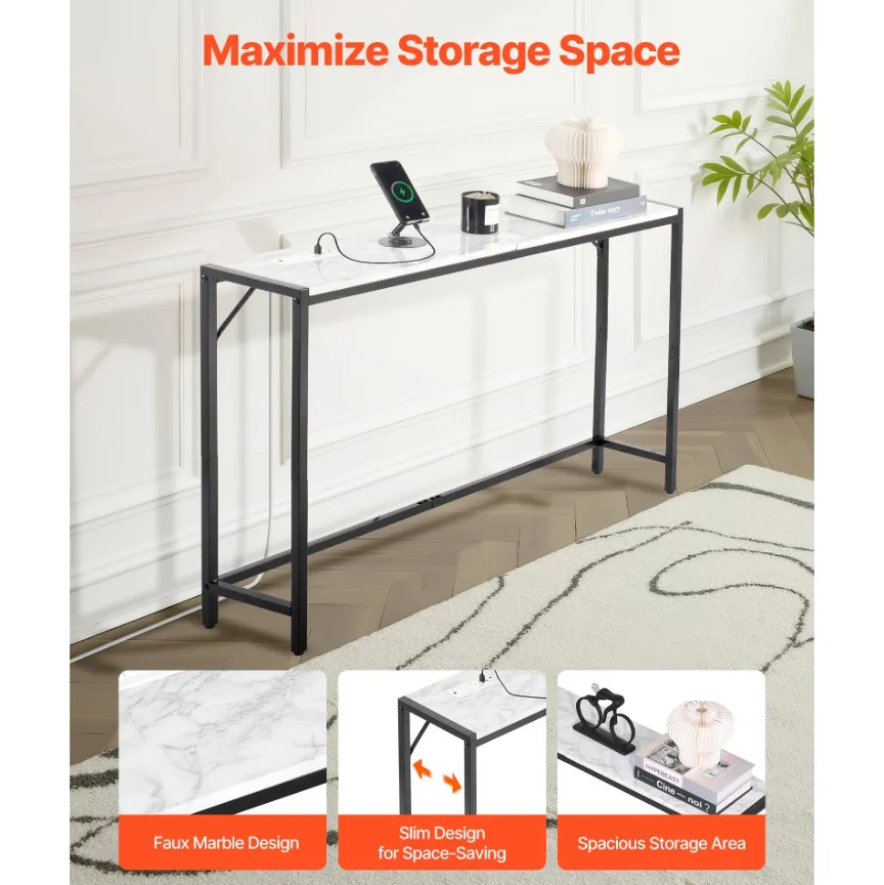 VEVOR Marble Console Table, Modern Narrow Long Console Table with Power Outlet, Thin Sofa Side Table with Iron Tubes, Anti-Tip Device and Triangular Support for Living Room, Hallway, Entryway, Foyer
