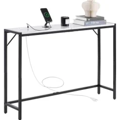 VEVOR Marble Console Table, Modern Narrow Long Console Table with Power Outlet, Thin Sofa Side Table with Iron Tubes, Anti-Tip Device and Triangular Support for Living Room, Hallway, Entryway, Foyer