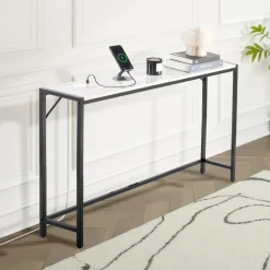 VEVOR Marble Console Table, Modern Narrow Long Console Table with Power Outlet, Thin Sofa Side Table with Iron Tubes, Anti-Tip Device and Triangular Support for Living Room, Hallway, Entryway, Foyer