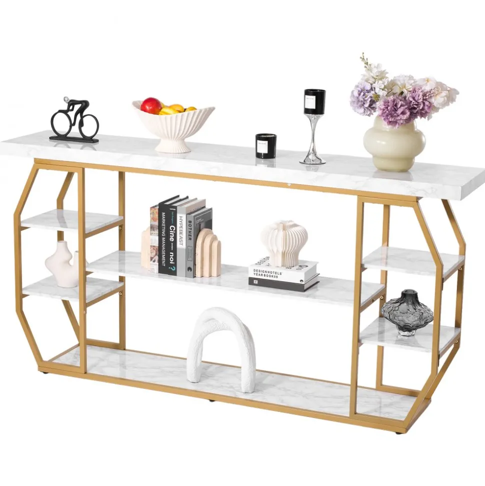 VEVOR Marble Console Table, 3 Tiers Modern Console Table for Open Storage, Golden Geometric Table with Iron Tubes, Anti-Tip Device and Triangular Support for Living Room, Hallway, Entryway, Foyer