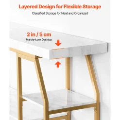 VEVOR Marble Console Table, 3 Tiers Modern Console Table for Open Storage, Golden Geometric Table with Iron Tubes, Anti-Tip Device and Triangular Support for Living Room, Hallway, Entryway, Foyer