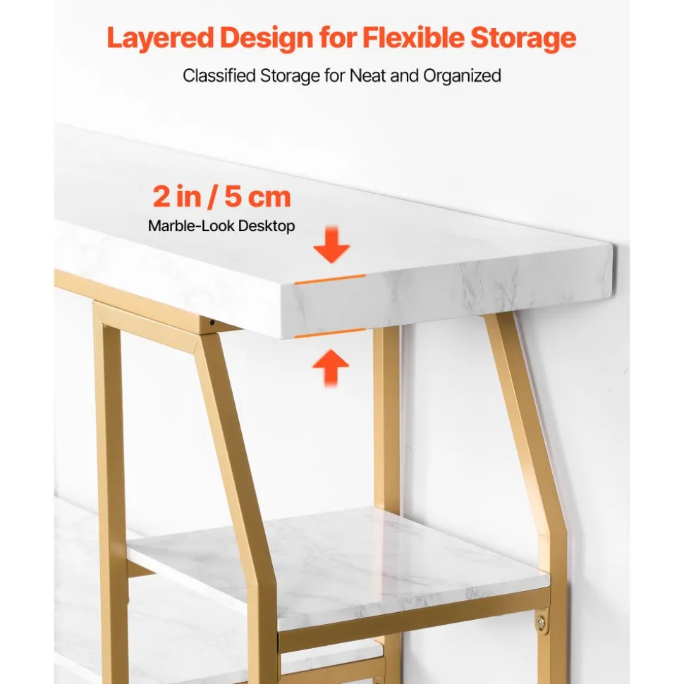 VEVOR Marble Console Table, 3 Tiers Modern Console Table for Open Storage, Golden Geometric Table with Iron Tubes, Anti-Tip Device and Triangular Support for Living Room, Hallway, Entryway, Foyer