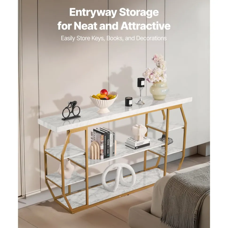 VEVOR Marble Console Table, 3 Tiers Modern Console Table for Open Storage, Golden Geometric Table with Iron Tubes, Anti-Tip Device and Triangular Support for Living Room, Hallway, Entryway, Foyer