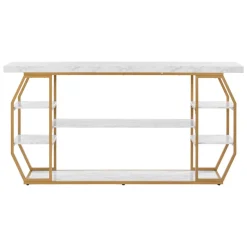 VEVOR Marble Console Table, 3 Tiers Modern Console Table for Open Storage, Golden Geometric Table with Iron Tubes, Anti-Tip Device and Triangular Support for Living Room, Hallway, Entryway, Foyer
