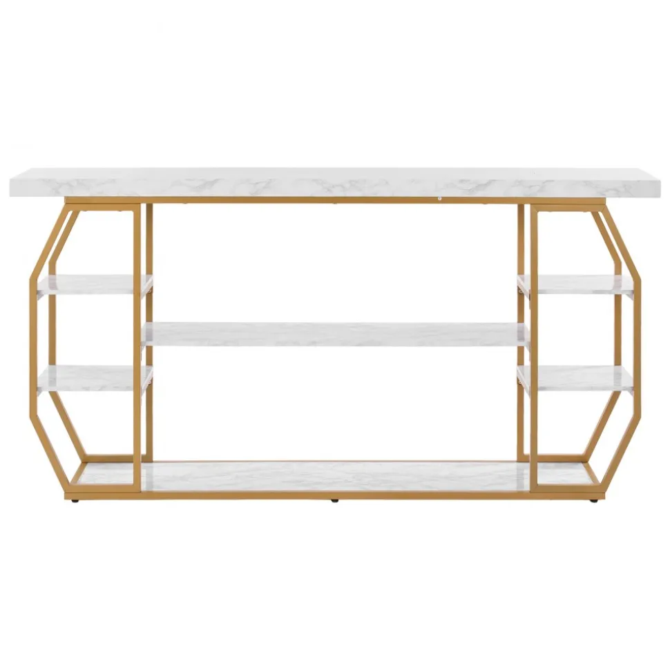 VEVOR Marble Console Table, 3 Tiers Modern Console Table for Open Storage, Golden Geometric Table with Iron Tubes, Anti-Tip Device and Triangular Support for Living Room, Hallway, Entryway, Foyer