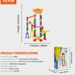VEVOR Marble Run Set, 153 PCS with Motorized Elevator, with 30 Plastic Marbles, Marble Maze Building Block Brain Game, Educational Learning Race Track STEM Toys, for Kids, Boys, Girls Ages 3 + Years