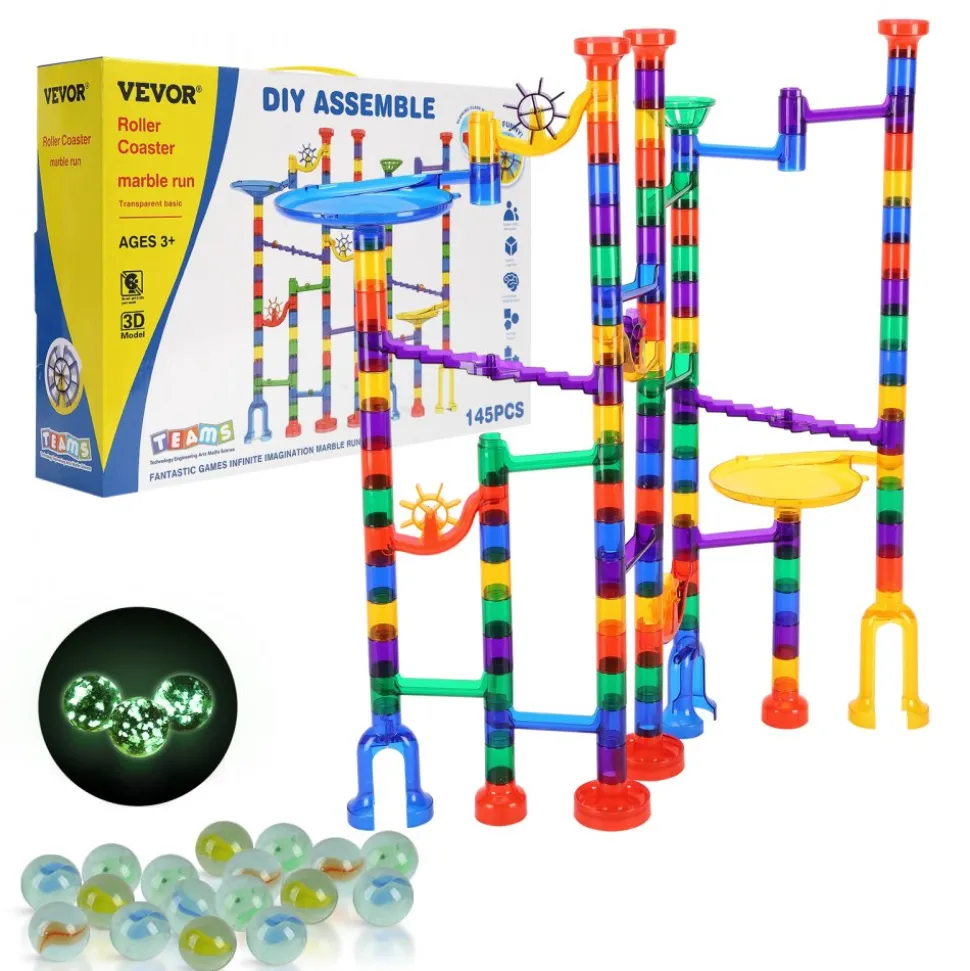 VEVOR Marble Run Set, 145 Piece Marble Maze Building Block Brain Game, with 5 Glow in the Dark Marbles + 40 Glass Marbles, Educational Learning Race Track STEM Toys, for Kids, Boys, Girls Ages 3 +