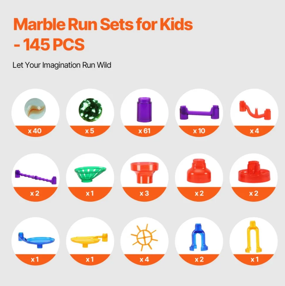 VEVOR Marble Run Set, 145 Piece Marble Maze Building Block Brain Game, with 5 Glow in the Dark Marbles + 40 Glass Marbles, Educational Learning Race Track STEM Toys, for Kids, Boys, Girls Ages 3 +