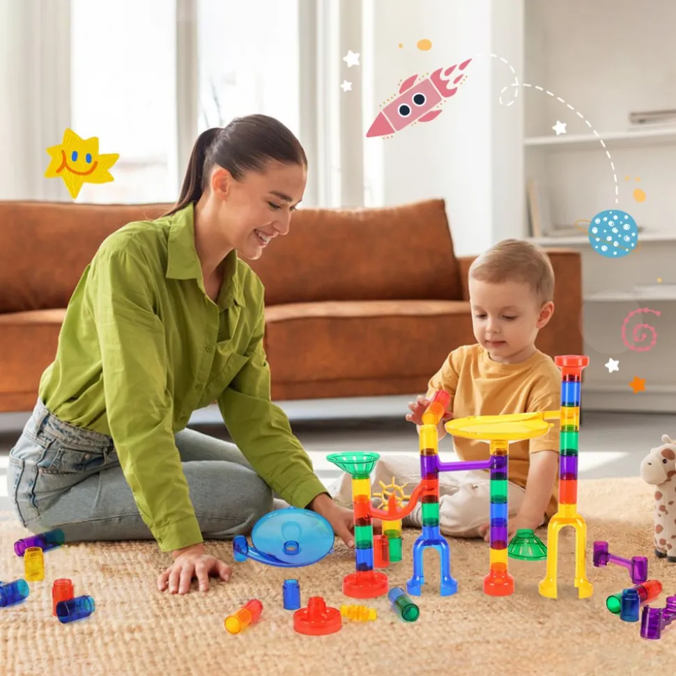 VEVOR Marble Run Set, 145 Piece Marble Maze Building Block Brain Game, with 5 Glow in the Dark Marbles + 40 Glass Marbles, Educational Learning Race Track STEM Toys, for Kids, Boys, Girls Ages 3 +