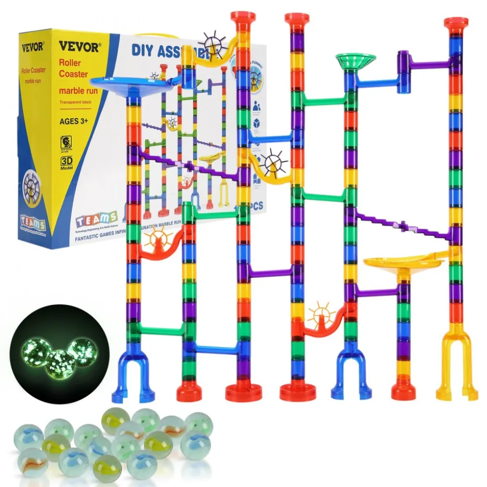 VEVOR Marble Run Set, 145 Piece Marble Maze Building Block Brain Game, with 5 Glow in the Dark Marbles + 40 Glass Marbles, Educational Learning Race Track STEM Toys, for Kids, Boys, Girls Ages 3 +