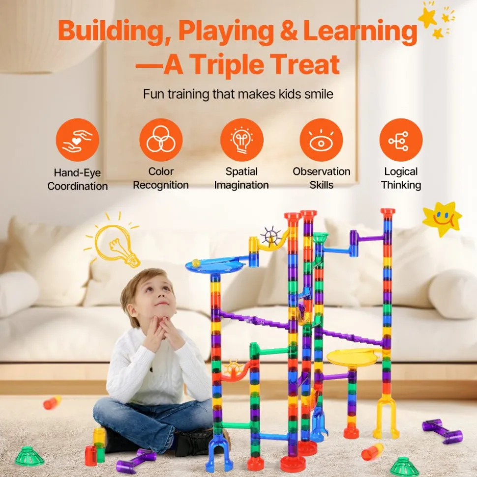 VEVOR Marble Run Set, 145 Piece Marble Maze Building Block Brain Game, with 5 Glow in the Dark Marbles + 40 Glass Marbles, Educational Learning Race Track STEM Toys, for Kids, Boys, Girls Ages 3 +