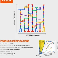 VEVOR Marble Run Set, 145 Piece Marble Maze Building Block Brain Game, with 5 Glow in the Dark Marbles + 40 Glass Marbles, Educational Learning Race Track STEM Toys, for Kids, Boys, Girls Ages 3 +