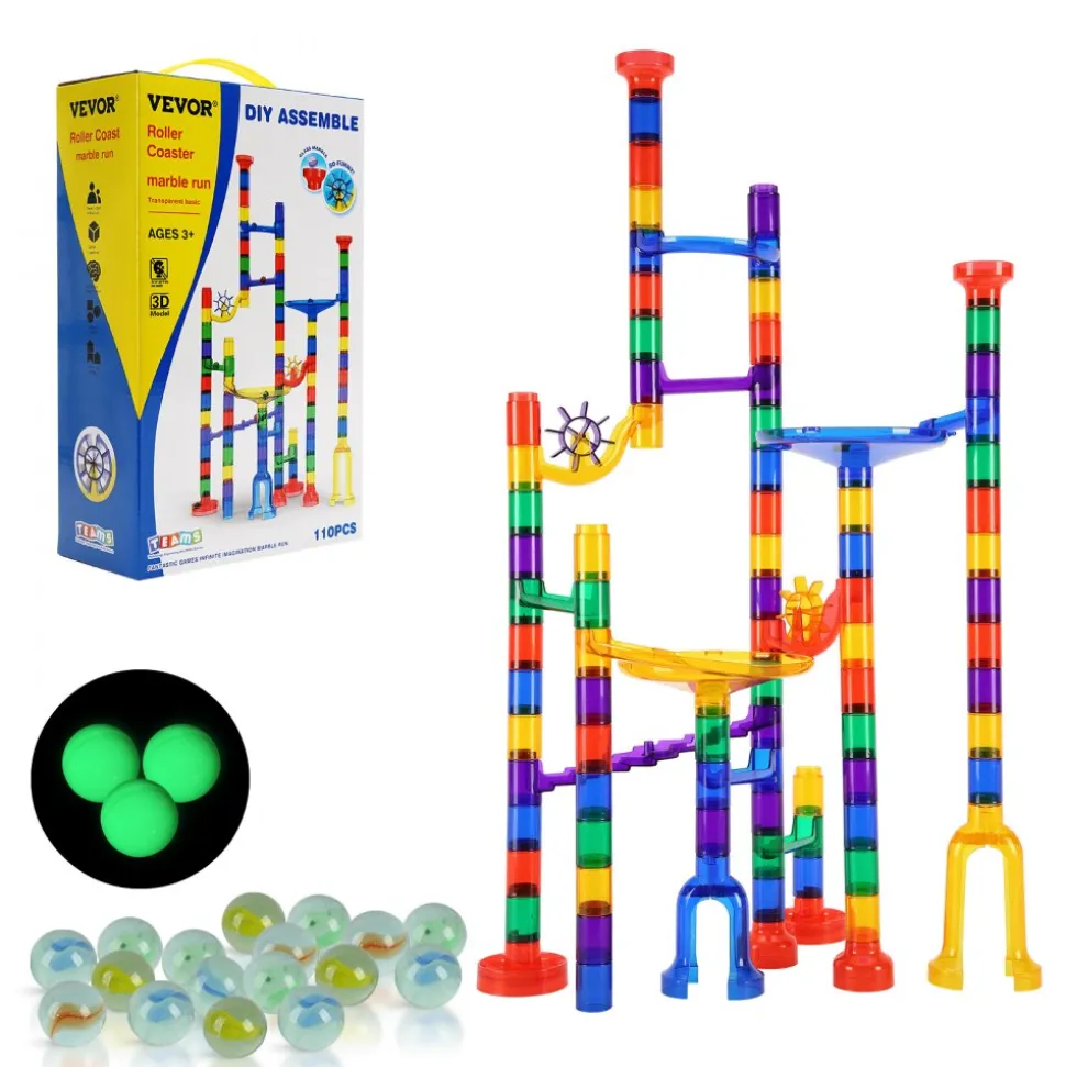 VEVOR Marble Run Set, 110 Piece Marble Maze Building Block Brain Game, with 10 Glow in the Dark Marbles + 20 Glass Marbles, Educational Learning Race Track STEM Toys, for Kids, Boys, Girls Ages 3 +