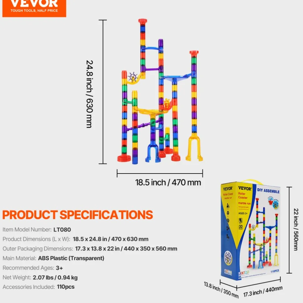 VEVOR Marble Run Set, 110 Piece Marble Maze Building Block Brain Game, with 10 Glow in the Dark Marbles + 20 Glass Marbles, Educational Learning Race Track STEM Toys, for Kids, Boys, Girls Ages 3 +