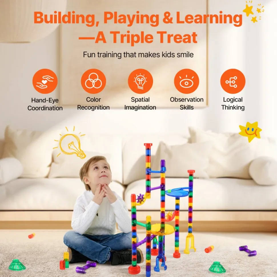 VEVOR Marble Run Set, 110 Piece Marble Maze Building Block Brain Game, with 10 Glow in the Dark Marbles + 20 Glass Marbles, Educational Learning Race Track STEM Toys, for Kids, Boys, Girls Ages 3 +