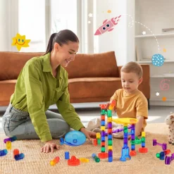VEVOR Marble Run Set, 110 Piece Marble Maze Building Block Brain Game, with 10 Glow in the Dark Marbles + 20 Glass Marbles, Educational Learning Race Track STEM Toys, for Kids, Boys, Girls Ages 3 +