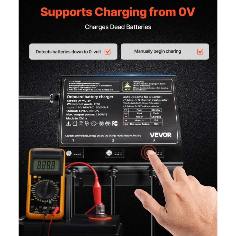 VEVOR Marine Battery Charger, 2-Bank, 10A 12V Onboard Boat Charger, IP68 Waterproof Smart On-Board Battery Charger, for Lithium-Ion (LiFePO4), NCM, Lead-Acid Batteries, Large Boat, Yacht, RV, Trailer