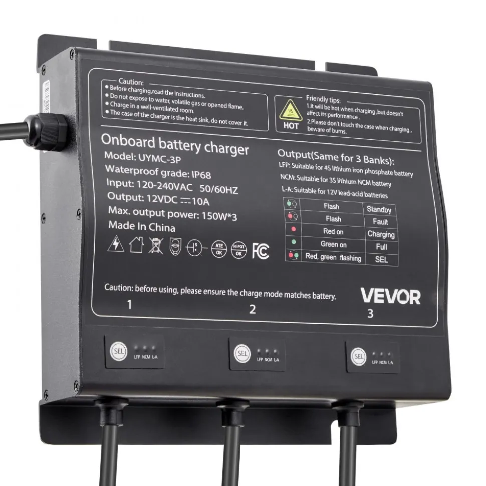 VEVOR Marine Battery Charger, 2-Bank, 10A 12V Onboard Boat Charger, IP68 Waterproof Smart On-Board Battery Charger, for Lithium-Ion (LiFePO4), NCM, Lead-Acid Batteries, Large Boat, Yacht, RV, Trailer