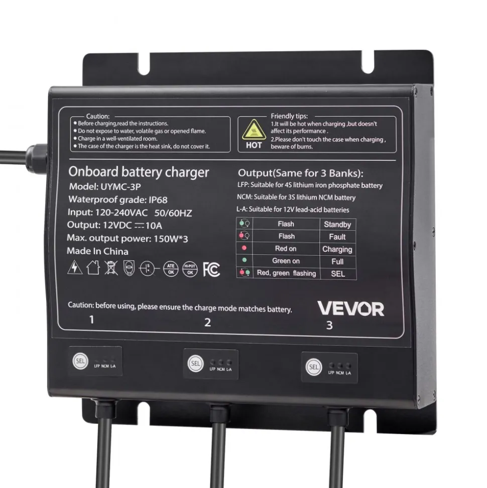 VEVOR Marine Battery Charger, 2-Bank, 10A 12V Onboard Boat Charger, IP68 Waterproof Smart On-Board Battery Charger, for Lithium-Ion (LiFePO4), NCM, Lead-Acid Batteries, Large Boat, Yacht, RV, Trailer