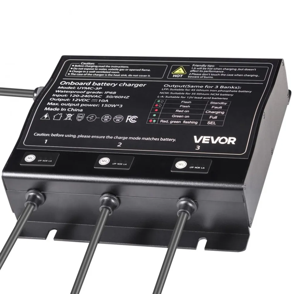 VEVOR Marine Battery Charger, 2-Bank, 10A 12V Onboard Boat Charger, IP68 Waterproof Smart On-Board Battery Charger, for Lithium-Ion (LiFePO4), NCM, Lead-Acid Batteries, Large Boat, Yacht, RV, Trailer
