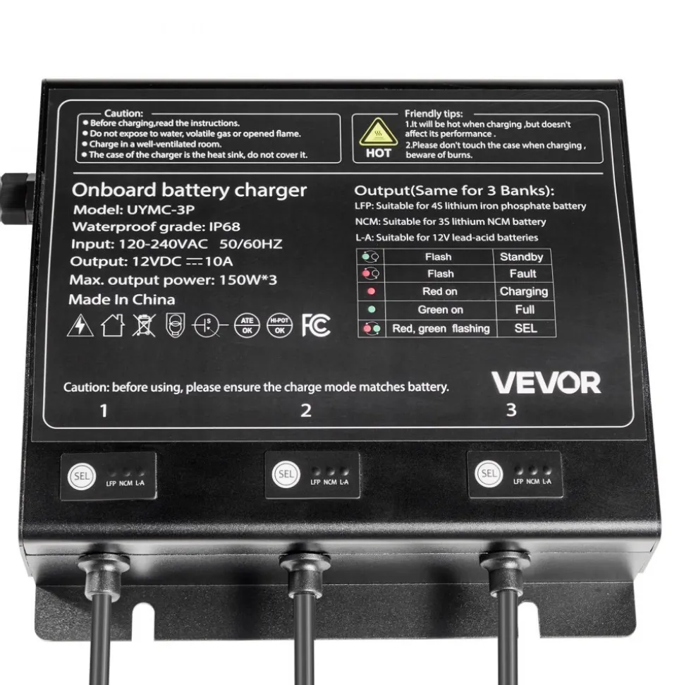VEVOR Marine Battery Charger, 2-Bank, 10A 12V Onboard Boat Charger, IP68 Waterproof Smart On-Board Battery Charger, for Lithium-Ion (LiFePO4), NCM, Lead-Acid Batteries, Large Boat, Yacht, RV, Trailer