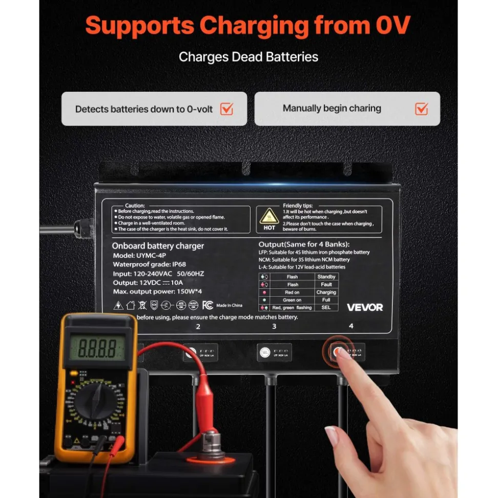 VEVOR Marine Battery Charger, 4-Bank, 10A 12V Onboard Boat Charger, IP68 Waterproof Smart On-Board Battery Charger, for Lithium-Ion (LiFePO4), NCM, Lead-Acid Batteries, Large Boat, Yacht, RV, Trailer